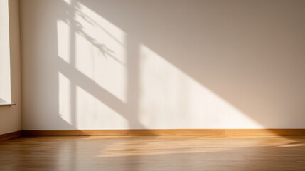 Sunlight casts window shadows on an empty white wall above a clean wooden floor, creating a calm and minimalistic interior scene.