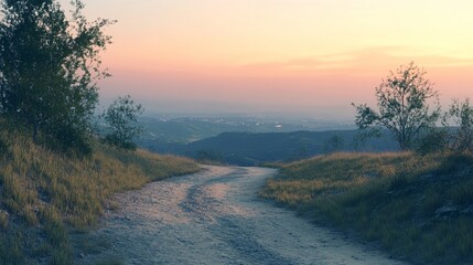 Fototapeta premium Serene sunset view from a winding dirt road atop a hill, overlooking a hazy valley and distant cityscape