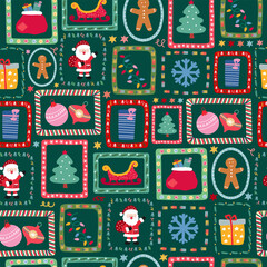 Festive Christmas seamless retro pattern with Santa Claus, gifts and decorations in frame sections on dark green background.