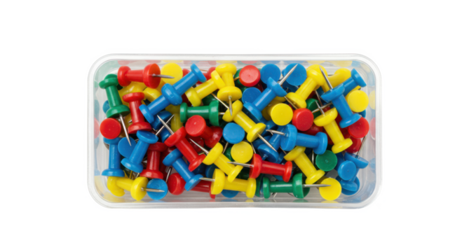 Colorful push pins in transparent container for office organization  