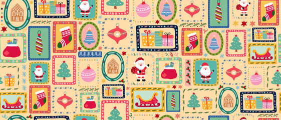 Christmas seamless retro pattern with Santa Claus, gift box, gingerbread house, stocking, bells and sleigh. Winter holiday season theme.