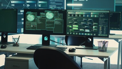 Empty governmental cyber security room with computers and software displays. Emphasis on network...