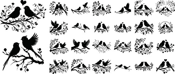 Naklejka premium Birds couple silhouette on branch, Birds branch in couple love silhouettes, love bird silhouettes, Art decoration, Wall decoration, Romantic