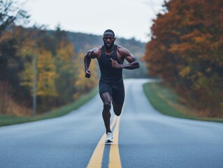 Fototapeta premium A man is energetically sprinting down a country road lined with trees displaying vibrant autumn colors. The cloudy sky creates a moody atmosphere during early evening.