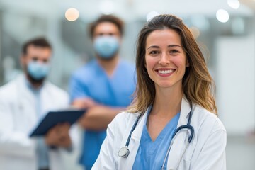 Healthcare professionals working collaboratively in a modern hospital environment, focused on patient care and medical advancement