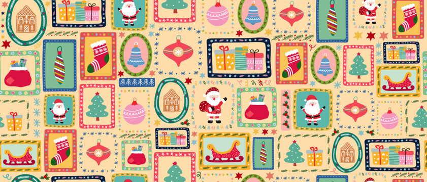 Christmas seamless retro pattern with Santa Claus, gift box, gingerbread house, stocking, bells and sleigh. Winter holiday season theme.