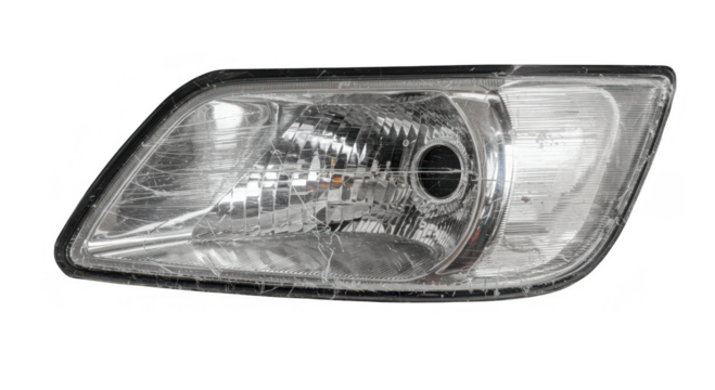 Car headlight with cracked glass and damaged casing  