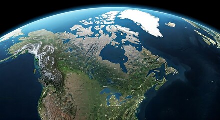 High-resolution satellite image of North America, showcasing detailed geographical features, including Hudson Bay, Arctic Ocean, and Greenland.
