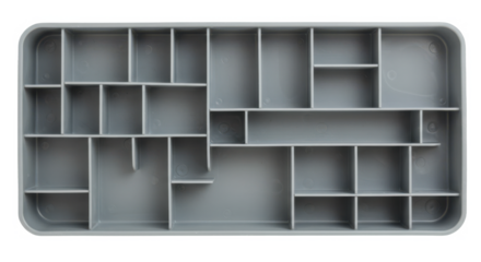 Gray plastic organizer tray with multiple small compartments  