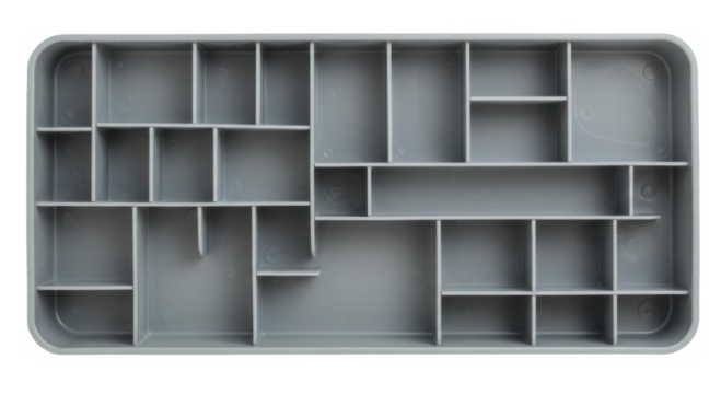 Gray plastic organizer tray with multiple small compartments  