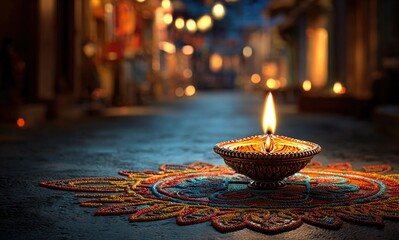 Happy Diwali - Lit diya lamp on street at night. Happy Diwali festival with oil lamp, Diwali holiday Background with rangoli, Diwali celebration greeting card. 3d render. High quality