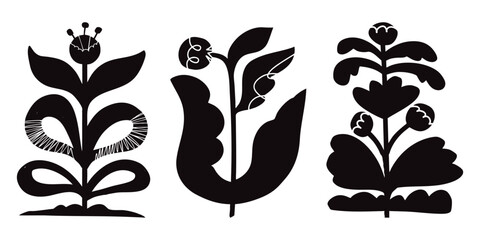 Set of black Flower and Plant Outlines on White Background, Perfect for Minimalist Designs and Artistic Projects. Trendy vector illustration.
