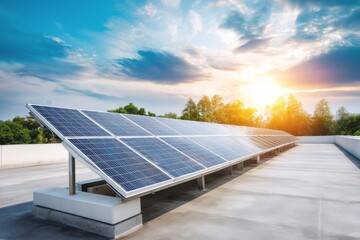 Modern Rooftop Solar Panels Bathed in Warm Sunlight Overlooking a Suburban Neighborhood at Sunset