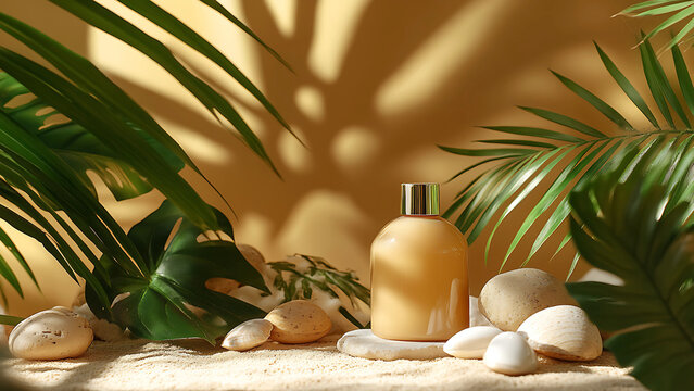 a bottle of self-tanning mousse placed on a stone altar in the center of an exotically decorated studio. Around the altar, grains of fine sand are scattered, evoking a tropical beach.