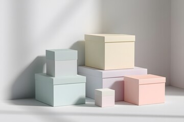 Fototapeta premium Pastel Colored Gift Boxes on White Background in Studio Setting