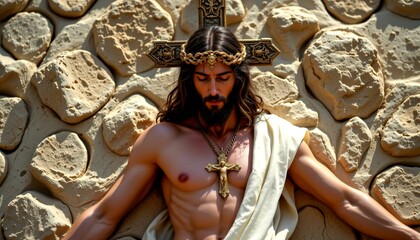 a statue of jesus christ in a pose reminiscent of crucifixion, positioned against a backdrop that simulates a stone wall with brick like texture