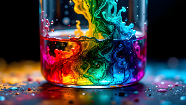 Radiant inks swirl in captivating layers. Abstract patterns and fluid motion create a mesmerizing, colorful form.