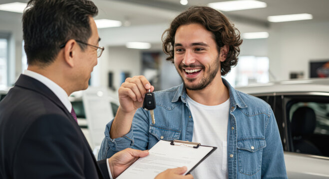 happy car buyer receives keys from salesman inside dealership showroom, smiling as he celebrates vehicle ownership. professional interaction highlights successful purchase experience.
