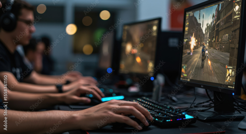 Fototapete intense gaming session with focused players on computers in dark room. high-energy esports atmospher