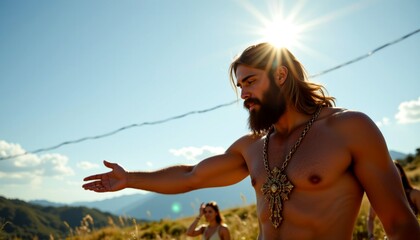 an individual standing in an open outdoor space under clear skies, with a vast landscape visible in the background