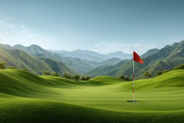 Spectacular golf course features a hole with a flag set against majestic mountains and a clear blue sky during daylight