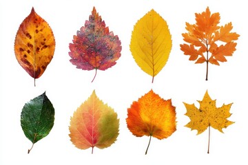 Collection of vibrant fall leaves showcasing nature's colors against a clean white background during autumn