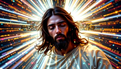a person sitting with their eyes closed, radiating outward as if emanating from within, set against an intricate pattern that resembles digital lights