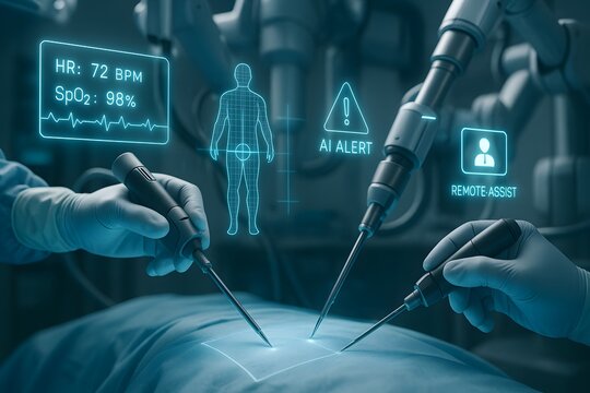 Robotic Surgery with AR HUD Display Showing Patient Vitals, AI Alert, and Remote Assistance in Futuristic Operating Room