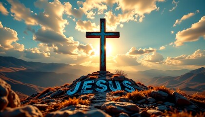 a religious image features a prominent christian cross in the foreground on a mountain top at sunset, with the word "jesus" written below it on a pede