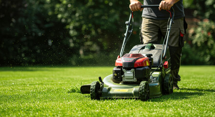 man mowing lawn with powerful lawnmower on sunny day. grass clippings flying in lush backyard setting. perfect maintenance concept for gardening and landscaping enthusiasts