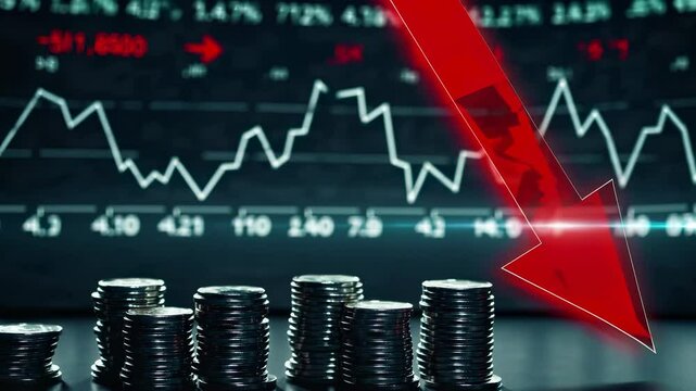 Stocks trading app shows market loss. Graph declines sharply as crash impacts finance. Smartphone glows with red chart. Market decline visualized through data. Finance app shows crashing graph.