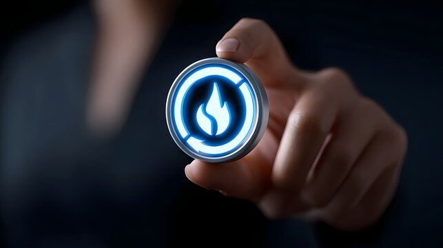 Hand pressing a digital flame icon button on a futuristic interface.