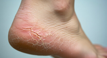 Naklejka premium cracked foot skin close-up showing severe dryness and rough texture. highlighting skincare challenges, need for hydration, exfoliation, and moisturizing solutions for healthier feet