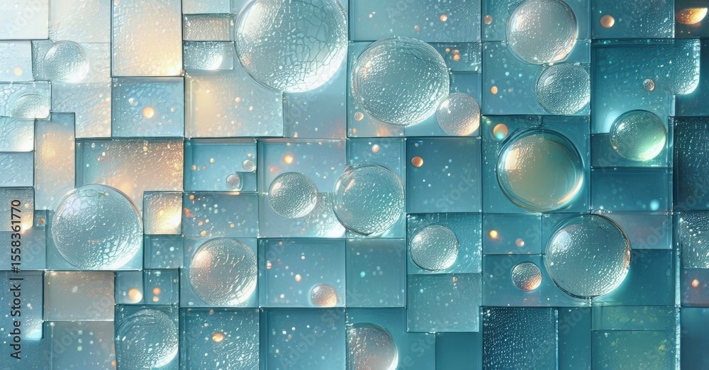 Poster Abstract geometric pattern. Cubes, spheres, light interplay create textured visual experience. Cool tones dominate composition.