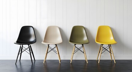 Four Colorful Modern Chairs Against White Wall