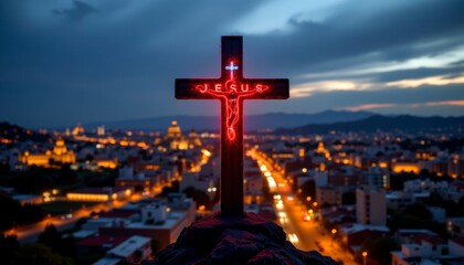 a night time view of a cityscape with a prominent crucifix cross in the foreground, standing out against the illuminated urban backdrop.