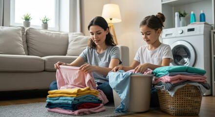 family laundry day bonding time. woman and girl folding clothes in cozy living room, promoting teamwork, household chores, family lifestyle, and home organization