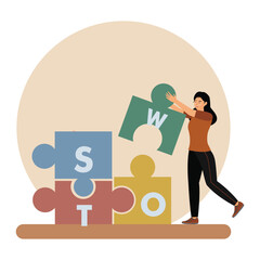 A Woman Organizing SWOT Analysis Using Puzzle Pieces.