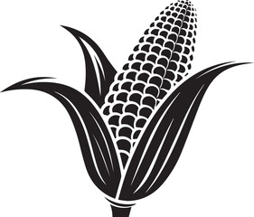 Minimal black silhouette of corn cob with husk in side view, vector icon of vegetable for farming, harvest, organic food, agriculture, nature, fresh produce, healthy eating, and plant-based diet

