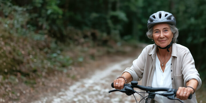 senior woman enjoying cycling adventure in forest, wearing helmet and casual outfit. embracing outdoor lifestyle and active aging. scenic backdrop enhances her joyful spirit on the trail - Powered by Adobe