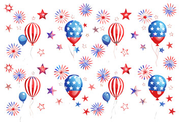 Festive independence day balloons fireworks and stars on black background