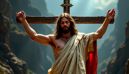 a person in a jesus like pose, standing against a backdrop of rocky terrain with blue sky peeking through