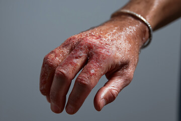 Fototapeta premium dry, red, peeling skin on hand depicts skin condition or irritation, highlighting texture and details. useful for medical, healthcare, dermatology, and skincare themes