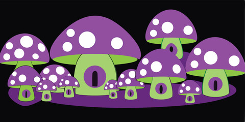 Fototapeta premium Enchanted Mushroom Village A whimsical illustration of cute purple mushrooms with tiny doors, creating a magical fairytale scene.