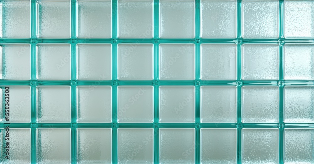 Poster Glass blocks form repeating pattern. Teal framework surrounds frosted squares. Clean lines create modern texture. Simple design.