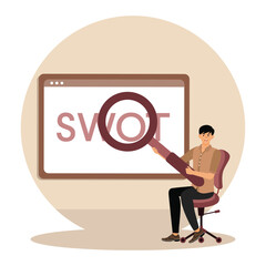 Business Professional Performing a SWOT Analysis Using Large Magnifying Glass.