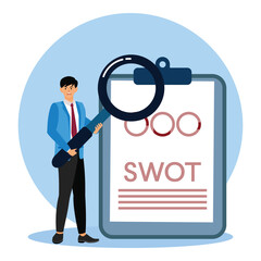 Professional SWOT Analysis Concept with Businessman and Magnifying Glass.