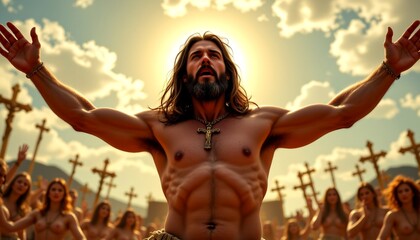 a man standing in an open field with a crowd of people around him. he appears to be addressing them as he raises his arms above his head