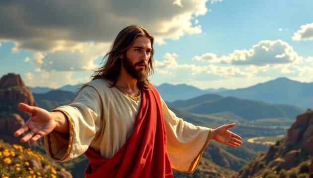 a figure dressed as jesus christ, standing on a mountainous landscape with pine trees and blue skies in the background