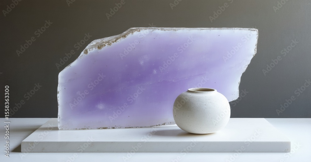 Poster purple geode slice rests upon white surface. small vase sits nearby, creating minimalist composition